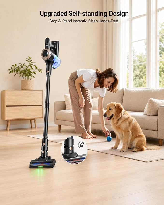 Trucozie Cordless Vacuum Cleaner, 8-in-1 Lightweight Stick Vacuum with 45mins Runtime, Powerful Suction, Green Light & Self-Standing Vacuum Cleaners for Home, Hardwood Floors, Carpet, Pet Hair, Black