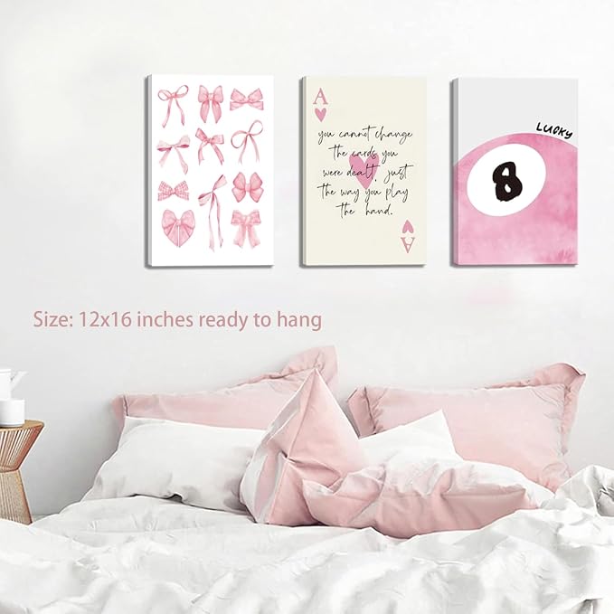 Pink Bow Canvas Wall Art Set of 3 Framed, Preppy Lucky 8 Ball Wall Decor Cute Girly Room Aesthetic Posters Prints Painting for Girls Bedroom College Apartment 12x16 In