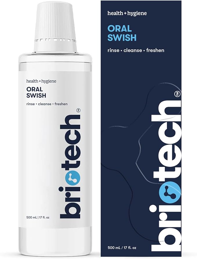 BRIOTECH Oral Swish, Hypochlorous Acid Mouthwash Rinse, Gentle Oral Care Hygiene, Fight Bad Breath, Support Against Plaque, Gum Irritation & Tender Gums, Alcohol & Fluoride Free, 17 fl oz