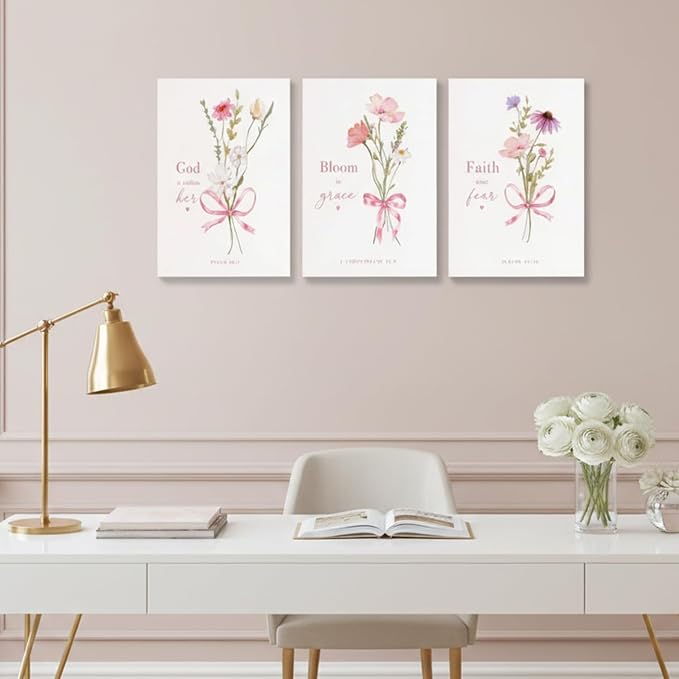 Baby Girl Nursery Wall Art Set of 3 Pink Bow Floral Canvas Prints, Christian Bible Verse Nursery Decor, Cute Flower Posters Pictures with Scripture for Girls Room Bedroom Framed 16x24 Inch