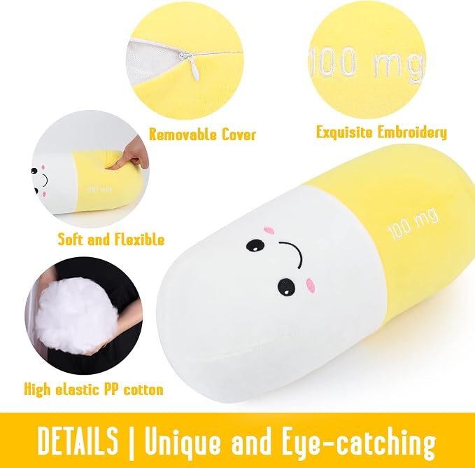 Pill Pillow Neck Roll Pillow Cute Preppy Room Decor Chill Pillows with Washable Cover, Funny Aesthetic Trendy Gift Throw Pillows for College Dorm Teenager Y2K Teacher Doctor Nurse (Yellow, M)