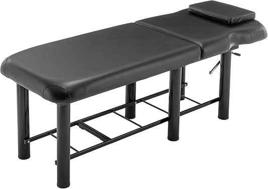 Professional Massage Table with Backrest, Faux Leather Stationary Physical Therapy Table, Metal Frame Barber Beauty Equipment, Removable Headrest Treatment Table Salon Spa Bed, Black