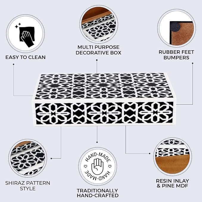 Handicrafts Home Decorative Storage Box with Lid, Black White Islamic Floral Geometry Remote Control Box, Slim Persian Mosaic Storage Box for Shelf, Desk & Living Room Decor, Shiraz 8 x 6 x 1.5