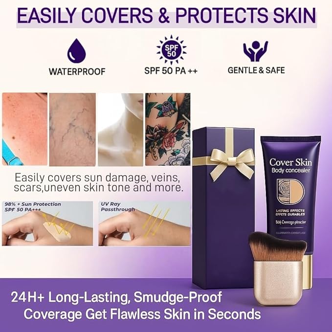 Waterproof Body Concealer with Brush – Waterproof Full Coverage Body Foundation for Scars, Stretch Marks & Tattoos – Streak-Free Leg & Arm Makeup for Even Skin Tone and Natural Radiant Finish
