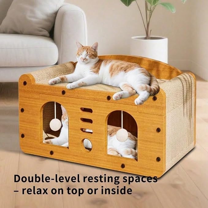 3-in-1 Scratcher Cat House – Save Your Furniture Combines Play Cave, Cozy Bed & Scratching Pad. Durable Cardboard, Reduces Stress. Ideal for Indoor Cats Who Love to Scratch, Play & Nap (MD-DOOR1)