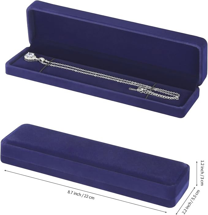 KUKUVR 2 Pcs Velvet Necklace Gift Box, Long Jewelry Storage Holder Case for Chain Pendant Bracelet Engagement Birthday Anniversary (Blue)