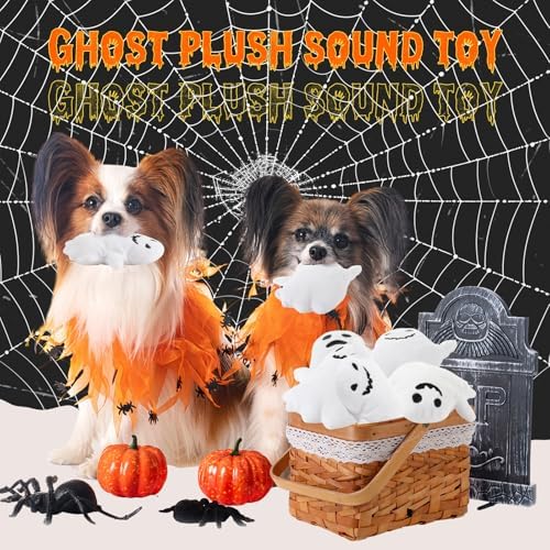Civaner 12 Pcs Halloween Squeaky Dog Toys Bulk Ghost Stuffed Plush Toys for Dogs Interactive Teething Chew Plaything for Halloween Small Medium Large Pets Teething Cleaning and Training