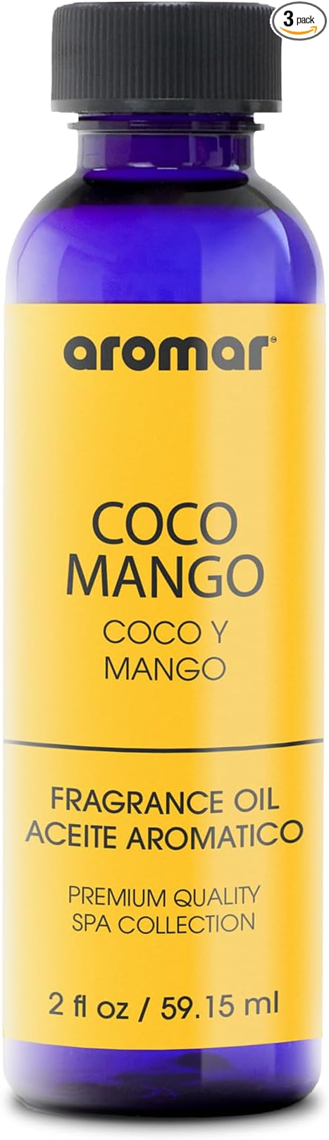 AROMAR Premium Fragrance Oil, Pack of 3 Coco Mango 2oz. Bottles. Long Lasting Aromatic Scent, Fresh and Revitalizing Aromatherapy for Living Room, Bedroom, and Kitchen