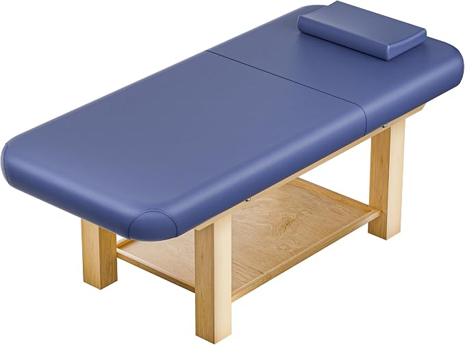 Heavy Duty Frame Professional Massage Table with Adjustable Backrest & Height Legs & Face Pillow, PU Leather, for Treatment, Physical Therapy, Spa Facial Professional Massage (Wood, Blue)
