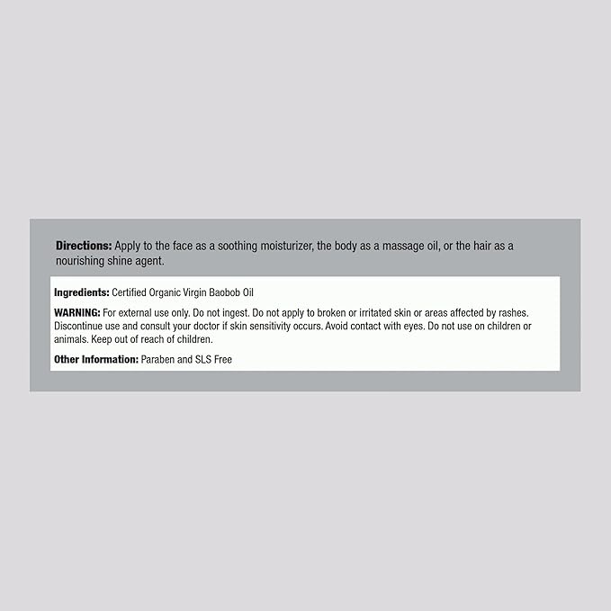 Piping Rock Baobab Oil Organic | 2 fl oz | For Hair, Skin, and Face | Cold Pressed Virgin