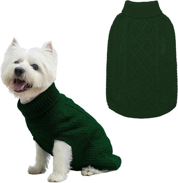 Mihachi Turtleneck Dog Sweater - Winter Coat Apparel Classic Cable Knit Clothes with Leash Hole for Cold Weather, Ideal Gift for Pet in New Year Army Green Small
