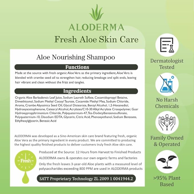 Aloderma Aloe Nourishing Shampoo 16oz - Made with Fresh, Organic Aloe Vera (No Water Added) for Dry, Damaged Hair - Gently Cleanse and Moisturize for Soft, Healthy, Shiny Hair - Alcohol, Paraben-Free