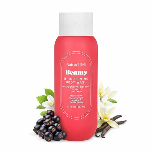 NATURE WELL Beamy Brightening & Cleansing Body Wash, Infused With Fruit AHA Blend, Vitamin C, & Mango Seed Butter, Scented With Black Currant, Jasmine & Vanilla Woods, 13 Fl Oz