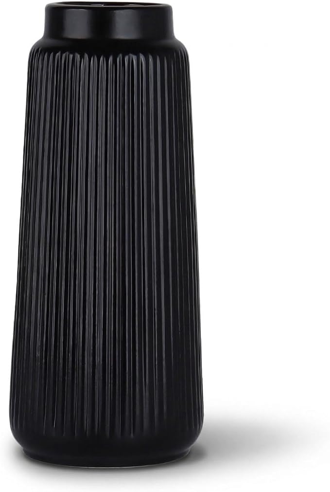 Black Ceramic Vase, 8 Inch Conical Flower Vase with Narrow Mouth for Pampas Grass, Modern Tapered Decorative Vase for Home Decor, Living Room Table, Shelf