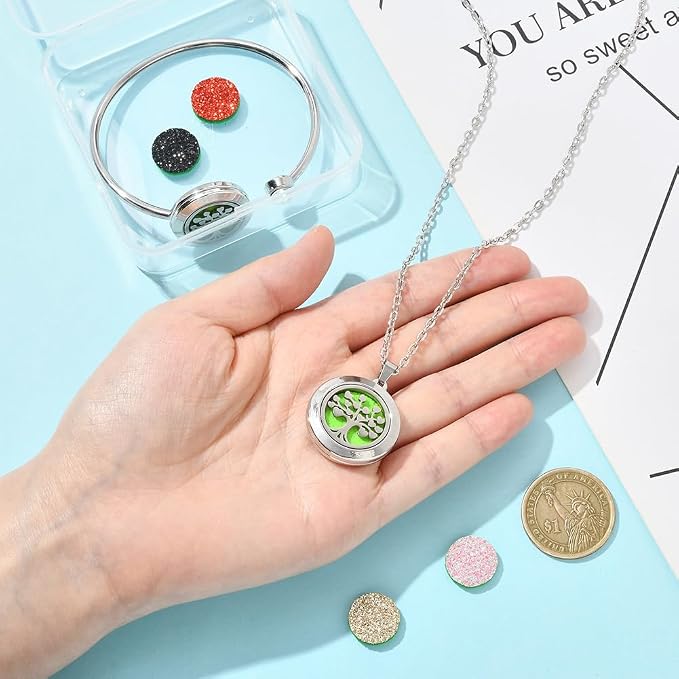 SUNNYCLUE 1Pc Essential Oil Diffuser Bracelet 1Pc Essential Oil Necklace with 4Pcs Refill Pads Tree of Life Stainless Steel Adjustable Bangle Bracelets Necklaces Aromatherapy Jewelry for Women Gift