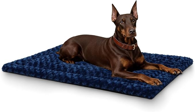 Exsnugy Washable Dog Bed Mat Large Size Fluffy Pet Crate Pad 48x30 XXL | Non-Slip Bottom Kennel Beds Ultra Soft Comfy Sleeping Mattress for Large Medium Small Dogs Blue