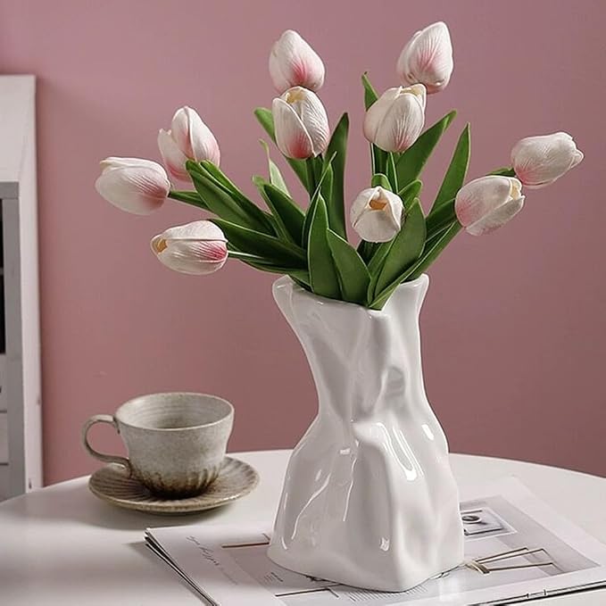 Paper Bag Vase for Flower, Unique Crinkle Design White Ceramic Vase, Flower Vase for Aesthetic Home Decor, Wedding Dinner Table Party Christmas Decorative