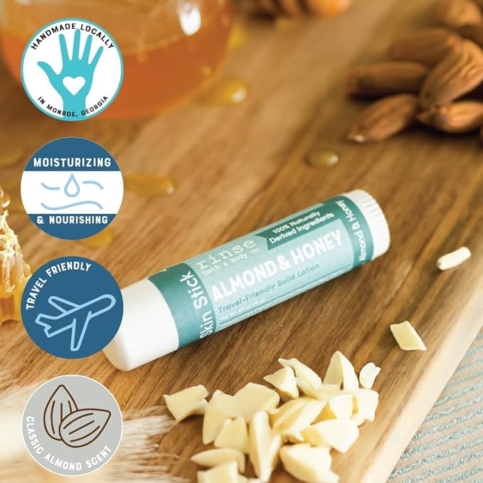 Rinse Bath & Body Solid Honey & Almond Lotion - Natural Solid Lotion Bar w/Shea and Cocoa Butter | Moisturizing No Mess Travel Lotion w/Beeswax, Apricot & Refined Avocado Oil | Handmade |.5oz