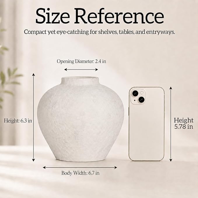 Ceramic Flower Vase Rustic Farmhouse Home Decor | 6.3 Inch White Round Decorative Vase, Ideal Table Decor for Living Room, Wedding, Birthday, Holiday