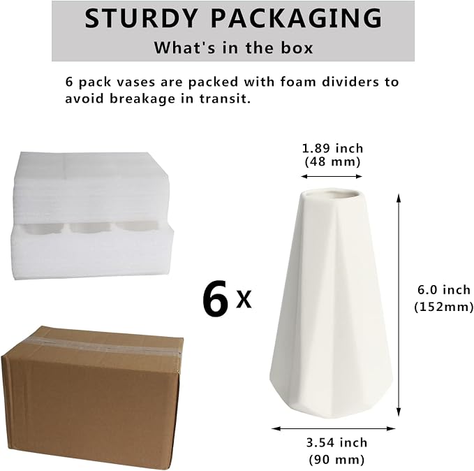 YANLING Modern White Vase for Flowers 6 Pack, Ceramic Vases for Pampas | Grass Small 6 Inch Boho Vases for Home Decor, Minimalism Style for Modern Table Shelf