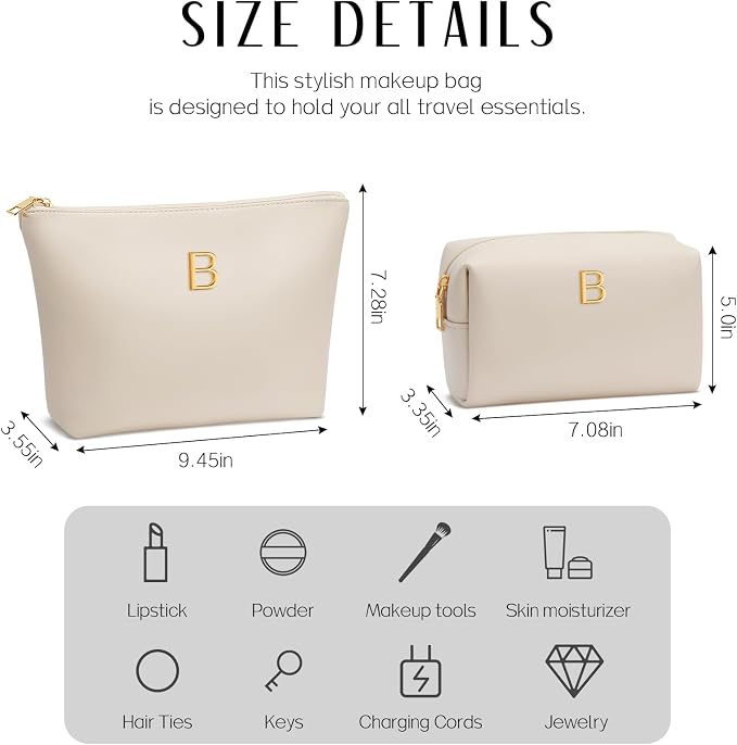 Women Gifts | Initial Makeup Bag for Girl Personalized Gifts for Bridesmaid Friend PU Leather Cosmetic Travel Toiletry Bag(Beige,B)