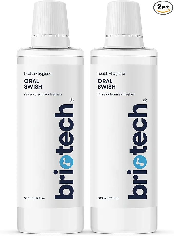 BRIOTECH Oral Swish, Hypochlorous Acid Mouthwash Rinse, Gentle Oral Care Hygiene, Fight Bad Breath, Support Against Plaque, Gum Irritation & Tender Gums, Alcohol & Fluoride Free, 17 fl oz (2 Pack)