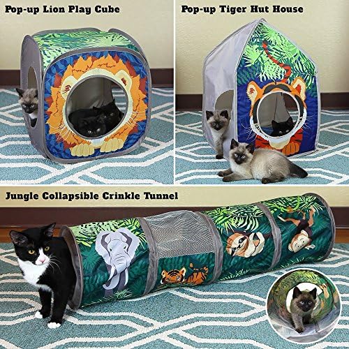 Kitty City Safari Jungle Cat Play Set, Collapsible Pop-Up Cat Toys Combo with Cube, Tunnel & Hideout, Interactive Indoor Kitty Playhouse for Exercise, Hiding & Lounging