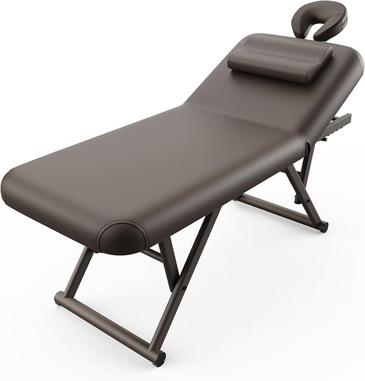 pouseayar Adjustable Massage Table with Face Pillow & Headrest, Sturdy and Solid, Silent and Easy to Adjust - Adjustable Backrest, Brown