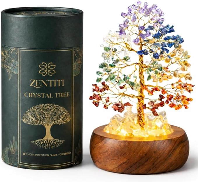 7 Chakra Crystal Tree of Life with LED Light, Handcrafted Gemstone Bonsai with Quartz Crystal Base & Acacia Wood Stand, Spiritual Home & Office Décor, Thoughtful Gift for Women