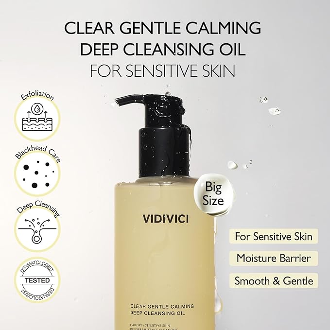 VIDIVICI Clear Gentle Calming Deep Cleansing Oil 10.14 fl.oz | Smooth & Gentle Makeup Remover for Sensitive Skin, Protect Skin Barrier with Ceramide, Korean skin care