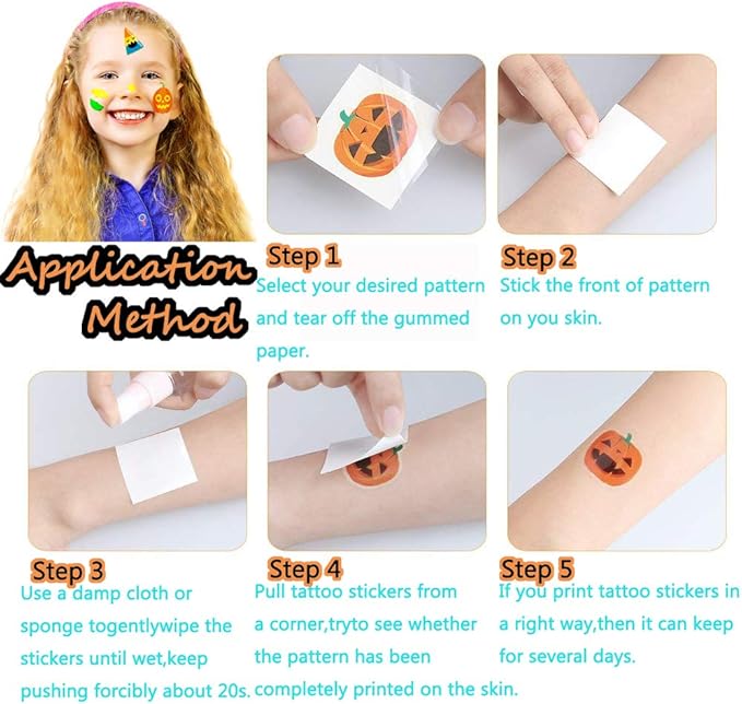 144 PCS Halloween Temporary Tattoos, Waterproof Pumpkin Tattoos Stickers for Kids Children Party Favors, 72 Patterns Multicolor