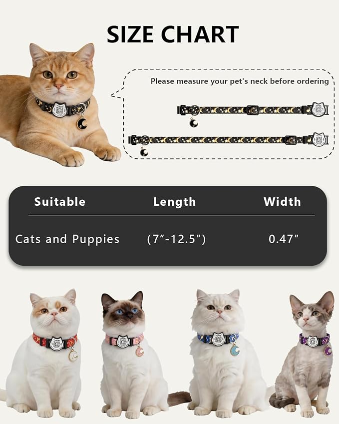 Smart QR Code Cat Collar with Online ID Profile - Breakaway Safety Collar with Bell, Glow in The Dark & Cute Moons Stars Pendant, Adjustable Kitten Collar for Girl Cats 7.0-12.5 Inch(Black)