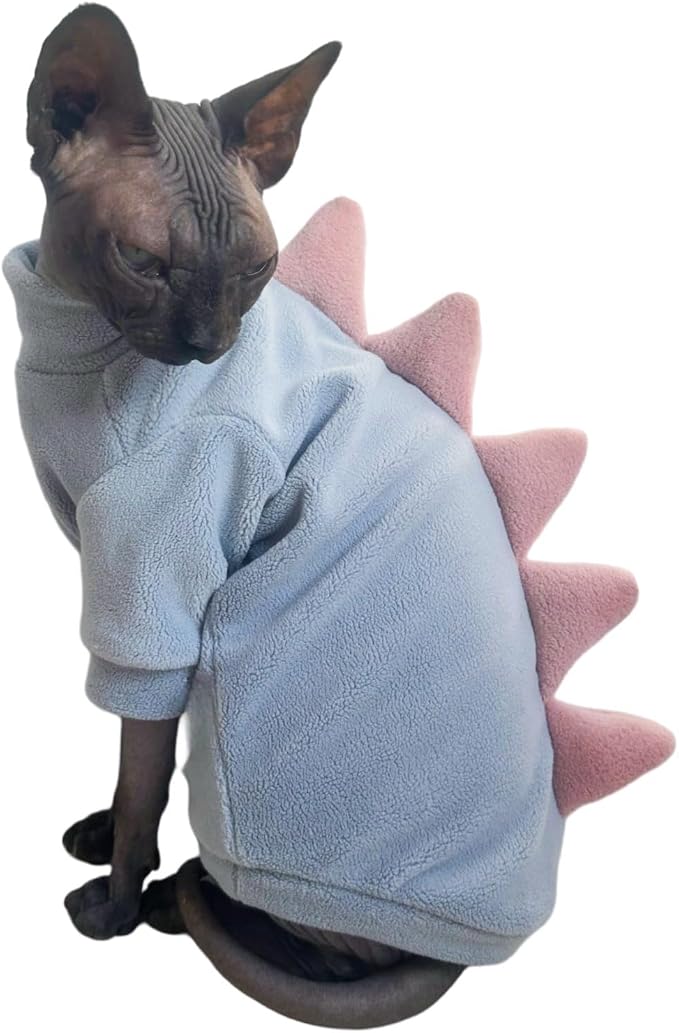 Sky Blue Dinosaur Sphynx Cat Clothes Sweater Hairless Cat Apparel | Soft, Elastic, Warm Polar Fleece,Winter Warm Outfit, Cute Dinosaur