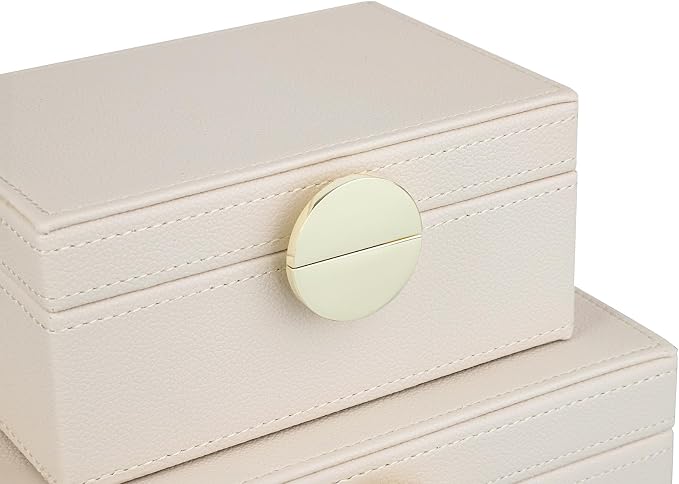 HofferRuffer Faux Leather Jewelry Boxes, Decorative Boxes Storage Accessory Organizer with Gold Hardware Decor, Classic Vegan Leather Set of 2 Pieces (CreamWhite)