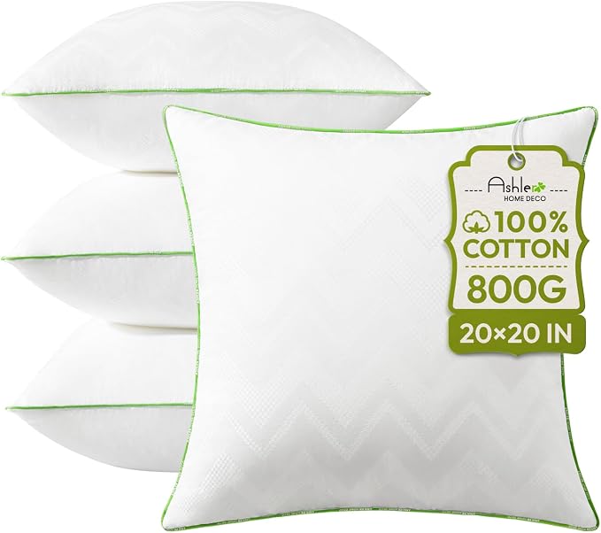 Ashler 20x20 Pillow Inserts Set of 2, 100% Cotton Cover Pillow | Soft & Supportive, Square Interior Sofa Stuffer, Decorative Pilloes for Sofa Couch, Hypoallergenic Pillow