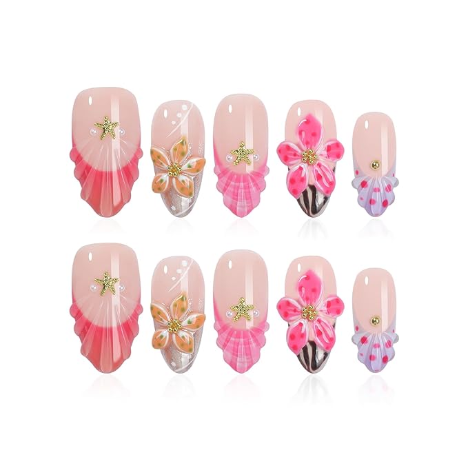 Handmade Press On Nails Almond, 3D Flowers Rhinestone Design, Salon Quality Reusable Fake Nails Short, Women's Gift Fall/Winter Collection, 10pcs Pink