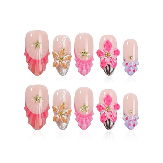 Handmade Press On Nails Almond, 3D Flowers Rhinestone Design, Salon Quality Reusable Fake Nails Short, Women's Gift Fall/Winter Collection, 10pcs Pink