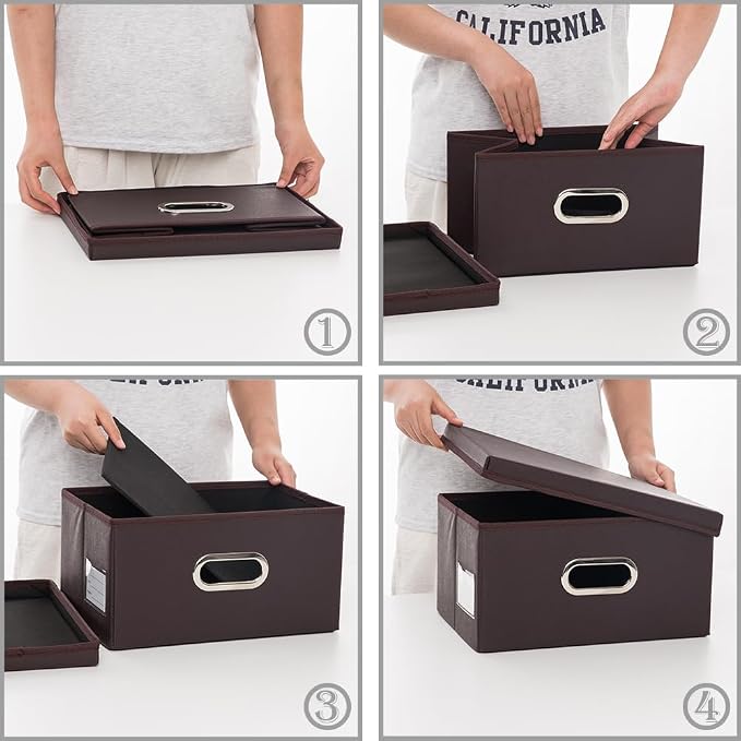 Collapsible Storage Box with Lid [1-Pack] Leather Fabric Foldable Storage Bin Organizer Container Basket Cube with Cover for Home Bedroom Closet Office Nursery Brown (13.6x9.6x6.9)