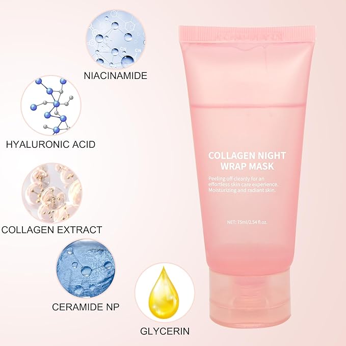 Collagen Overnight Wrapping Peel Off Facial Mask with Jelly Brush, Skin Hydration & Firming & Glowy, Improve Sagging & Dullness, Korean Skincare(75ml, 2.54 fl.oz)