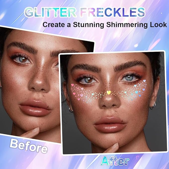 12pcs Glitter Freckles,Face Glitter Freckles Face Tattoo Sparkle for Teenagers Young Women, Gold Holographic Face Body Makeup Patches for Christmas Halloween Rave Fairy Accessories Outfits