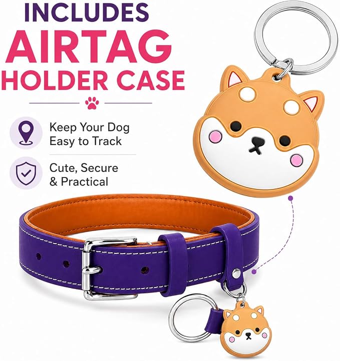 Genuine Leather Dog Collar, Soft Padded Leather Dog Collars with Airtag Holder Case for Small Medium Large X-Large Dogs,Comfort Heavy Duty Pet Collar with Durable Metal Buckle & D-Ring-Dark Purple/XS