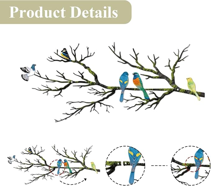 ESTART Metal Birds Wall Art, Metal Vivid Birds on Branch Silhouette Wall Decor Black Leaves with Bird Outdoor Hanging Wall Sculpture for Home Balcony Garden (Bright Color, Large)