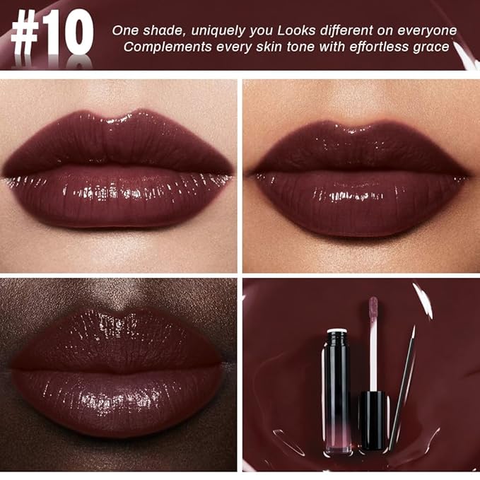 evpct Brown Eggplant Purple Shiny Glossy Longwear No-Budge Liquid Lip Color Lipstick Makeup, Highly Pigmented Color Instant Shine, Waterproof Long Lasting Lipstick Lip Stain Gloss with Lip Liner Brush