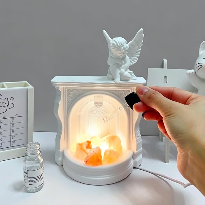 Angel Aroma Diffuser Set with Himalayan Salt & Fireplace Light, Passive Essential Oil Diffuser with White Tea Oil, Home Fragrance Decor for Bedroom, Bathroom, Office, Gift for Women