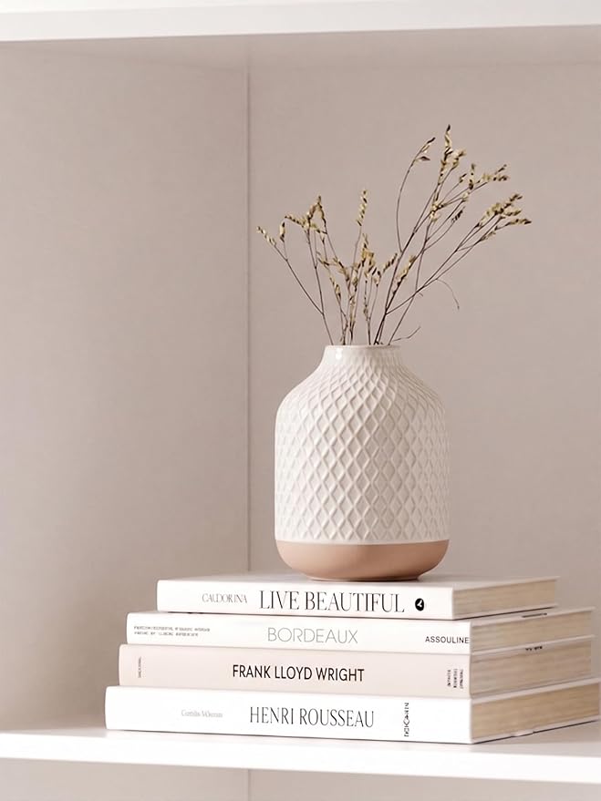 Small Boho Vase for Decor,Rustic Farmhouse Vase for Pampas Grass,Eucalyptus Set and Tiny Stem Flowers,Ceramic Vintage for Centerpieces, 5.3 Inch -Rhombus, Embossment