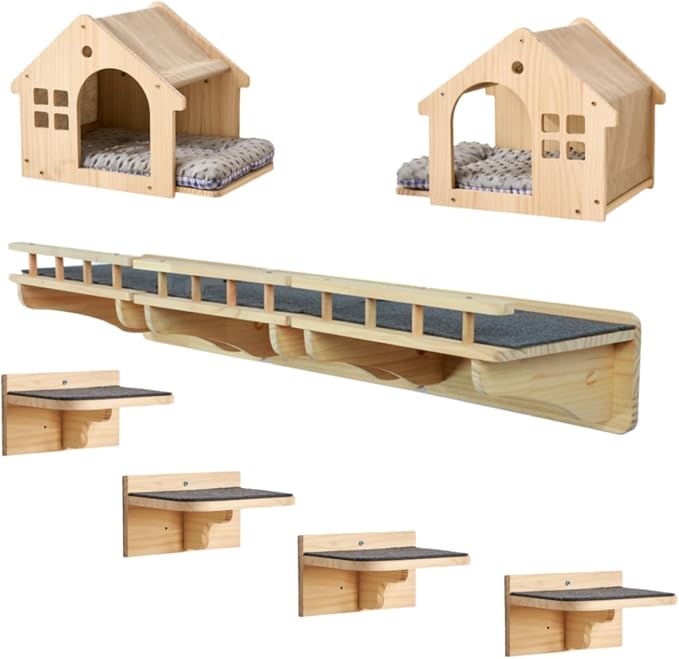 SHENGOCASE Wall Mounted Cat Furniture Set, Natural Wood, 47.2 inch Balcony Perch with Guardrail, 4 Steps, 2 Houses with Cushions