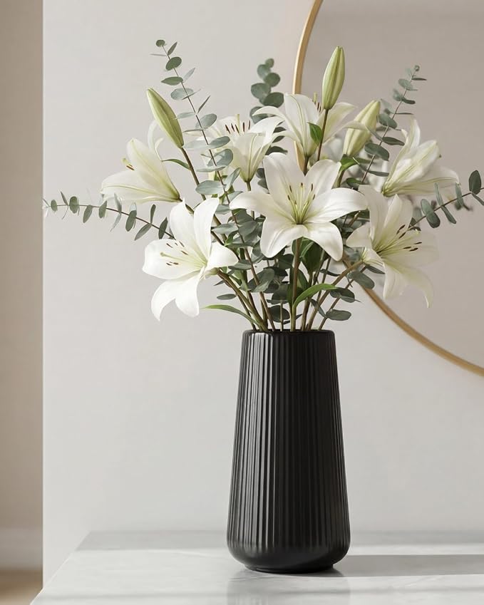 Black Ceramic Vase, 8 Inch Flower Vase for Pampas Grass, Modern Ribbed Decorative Vase with Narrow Opening for Living Room Table, Shelf Decor