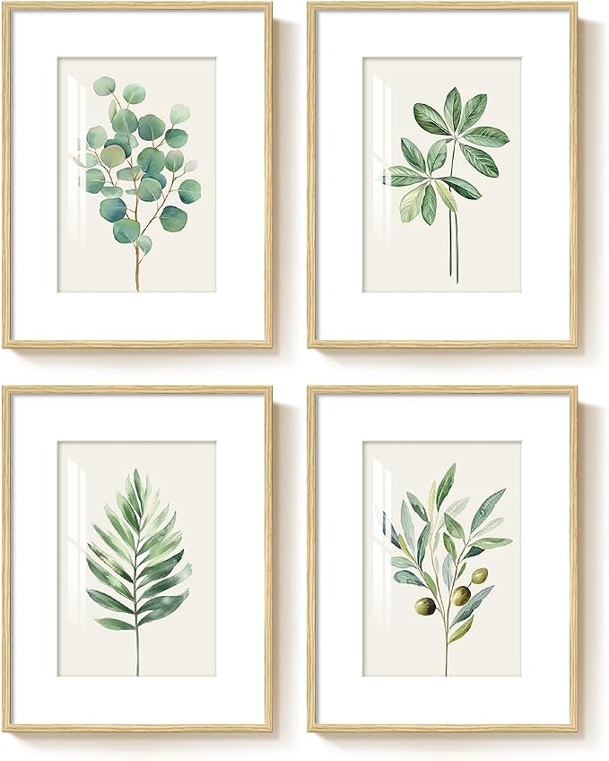 Framed Sage Green Botanical Wall Art for Bathroom, 4 Piece Farmhouse Minimalist Plant Artwork for Walls, Boho Green White Leaf Pictures Prints for Bedroom Kitchen Living Room Wall Decor, 11x14 Inch
