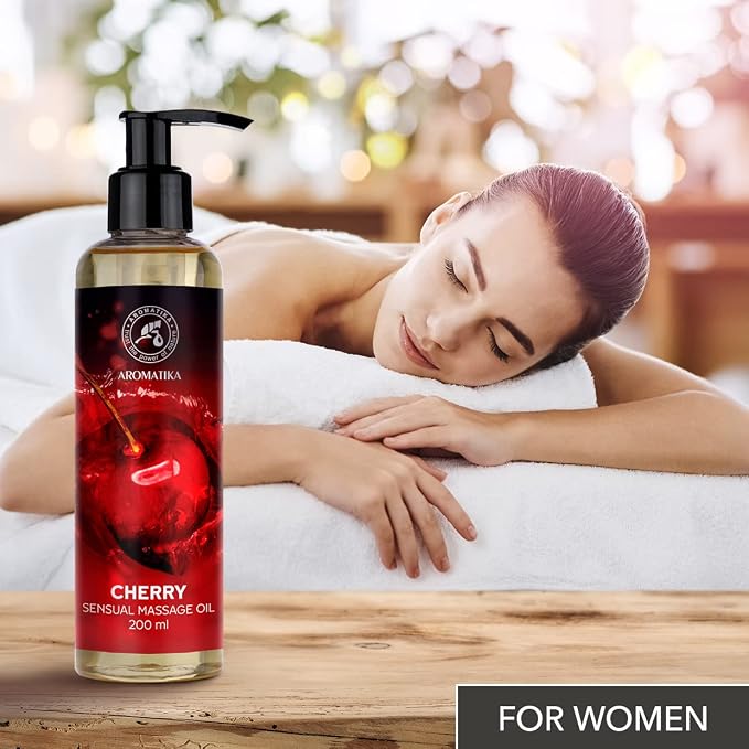 Cherry Sensual Massage Oil for Couple 6.8 Fl Oz - Massage Oil - Blend of Almond and Grapeseed Oils - Body Oil for Him & Her - for Couples - Romantic Gift - Relaxing Massage Oil