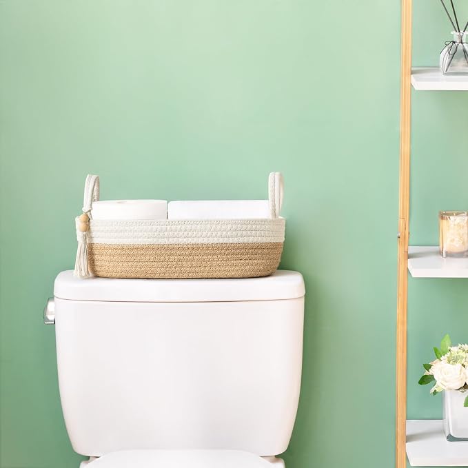 Mkono Toilet Paper Basket, Boho Bathroom Decor, Small Storage Organizer | Brown and White, 13"L x 6"W, Back of Toilet Basket, Decorative Woven Tray with Handles, Space-Saving, Living Room Bedroom